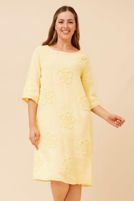 FIORETTA FLORAL EMBROIDERY LINEN DRESS (Lemon)
