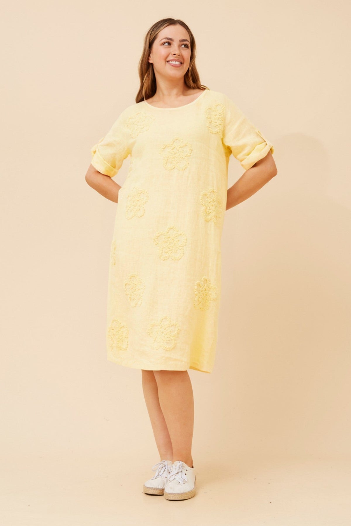 FIORETTA FLORAL EMBROIDERY LINEN DRESS (Lemon)