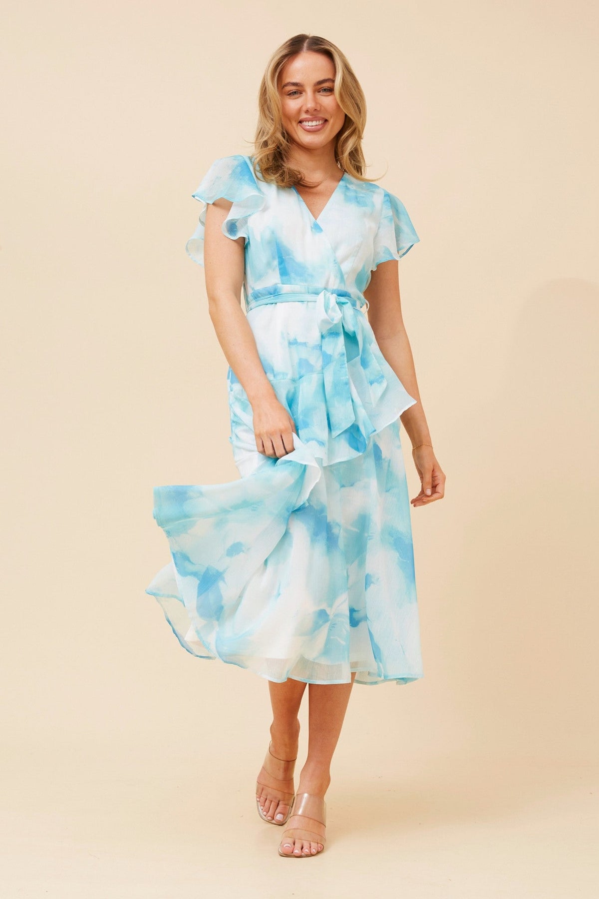 Image of Dresses. Product name - CLOVE ABSTRACT PRINT MIDI DRESS in Multi Teal colour by brand - Caroline Morgan Australia