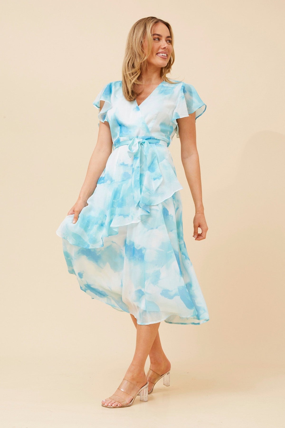Caroline Morgan Australia CLOVE ABSTRACT PRINT MIDI DRESS (Multi Teal)