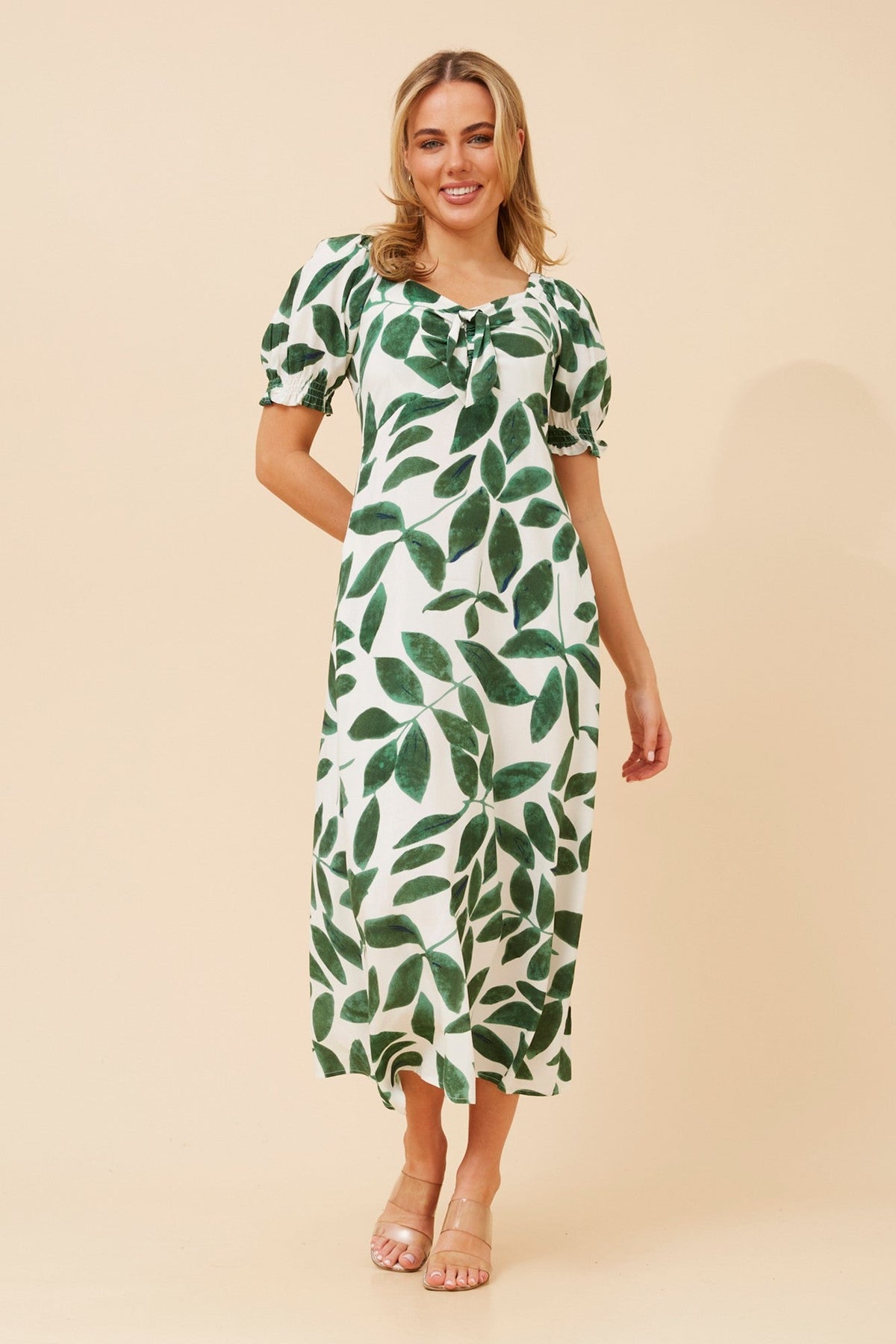 Image of Dresses. Product name - FAITH LEAF PRINT MIDI DRESS in Green colour by brand - Caroline Morgan Australia