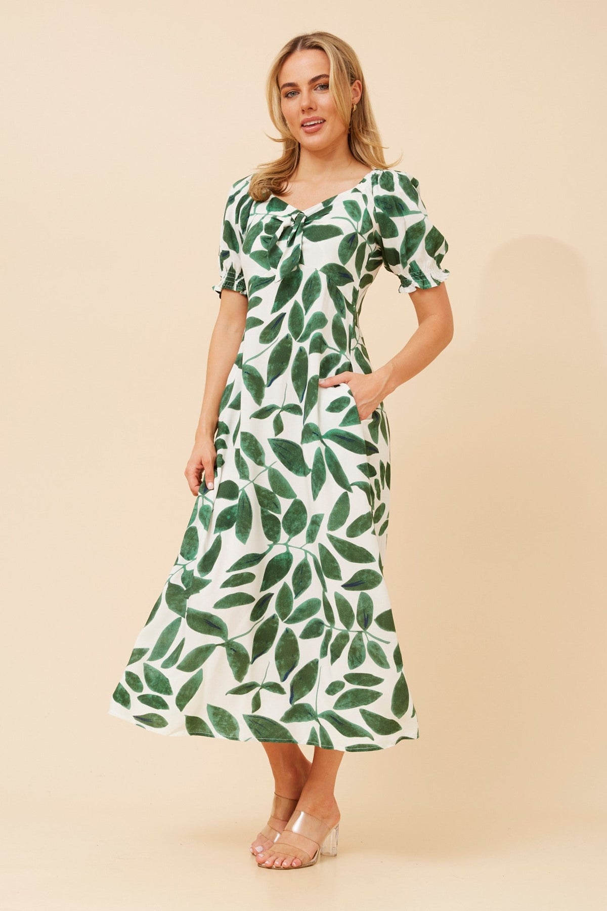 FAITH LEAF PRINT MIDI DRESS (Green)