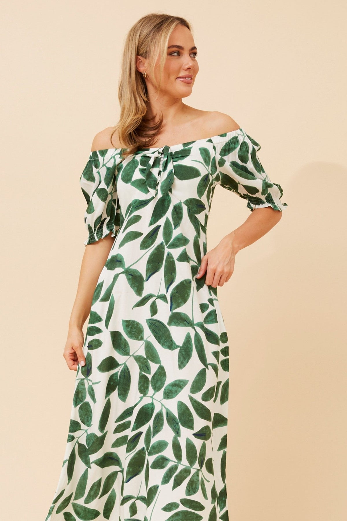 FAITH LEAF PRINT MIDI DRESS (Green)