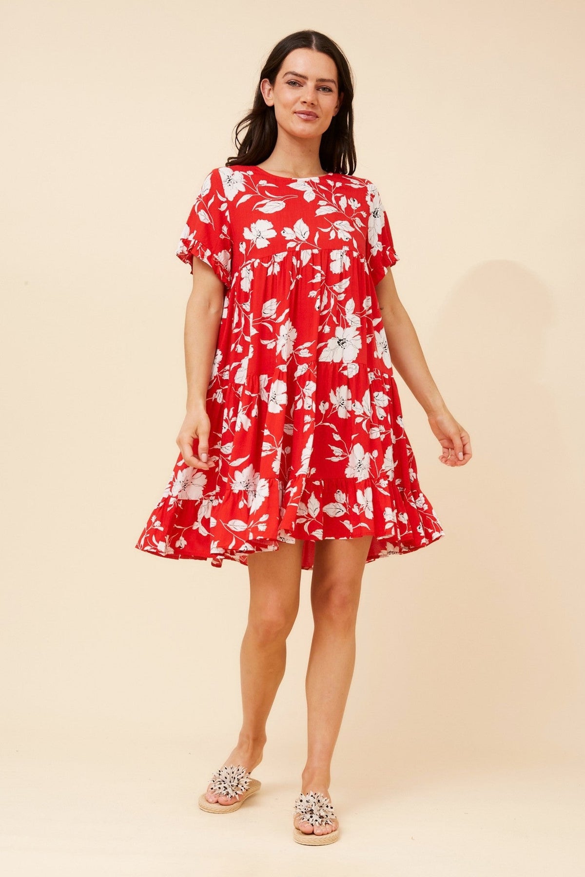 Image of Dresses. Product name - KELLY FLORAL BABY DOLL DRESS in Red colour by brand - Caroline Morgan Australia