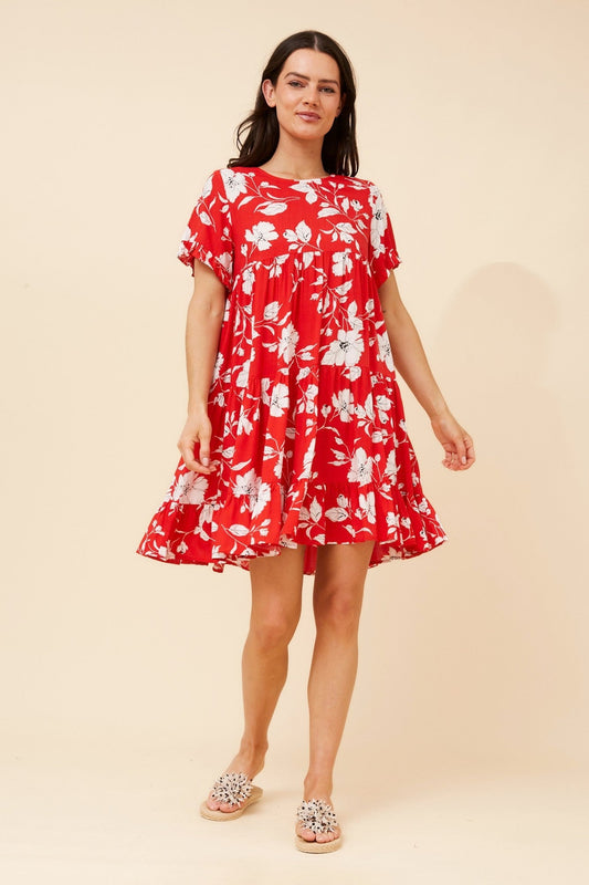 Image of Dresses. Product name - KELLY FLORAL BABY DOLL DRESS in Red colour by brand - Caroline Morgan Australia