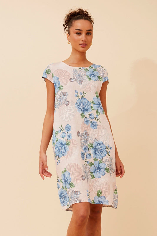 Image of Dresses. Product name - SISLEY FLORAL LINEN DRESS in Pink colour by brand - BOTTEGA MODA