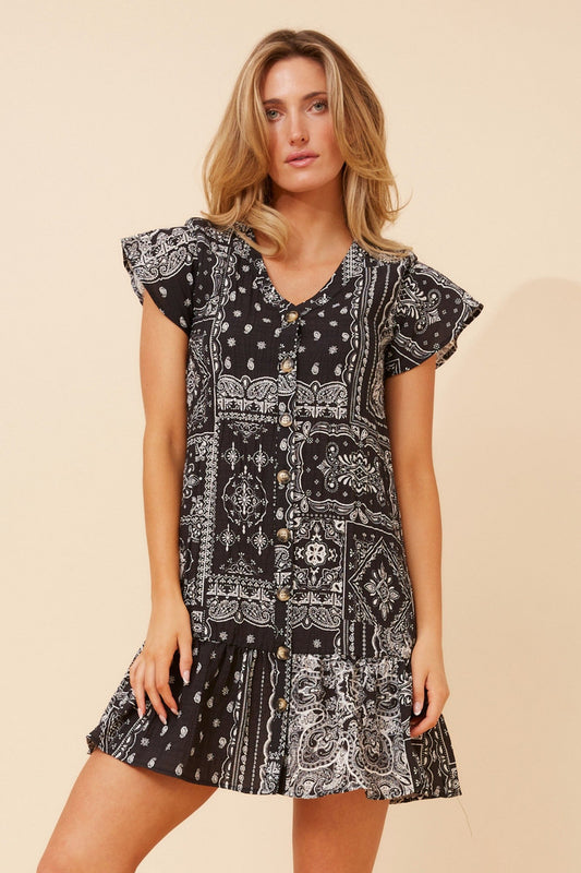 Image of Dresses. Product name - SHILOH BANDANA PRINT DRESS in Black colour by brand - Caroline Morgan Australia
