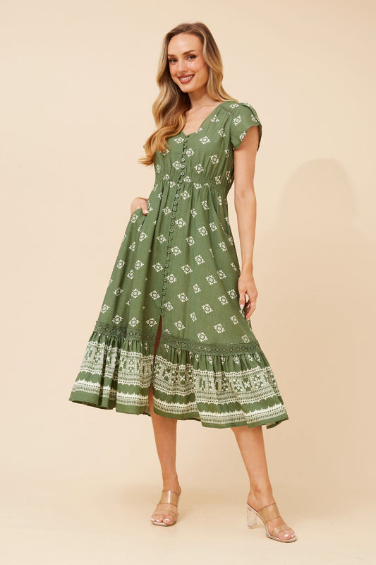 Image of Dresses. Product name - MOROCCO BORDER PRINT MIDI DRESS in Sage colour by brand - Caroline Morgan Australia