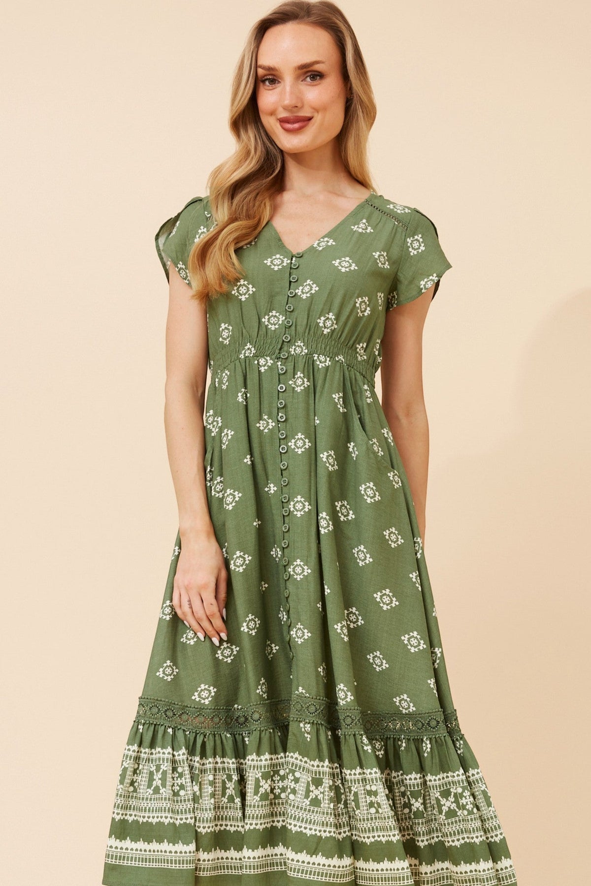 Caroline Morgan Australia MOROCCO BORDER PRINT MIDI DRESS (Sage)