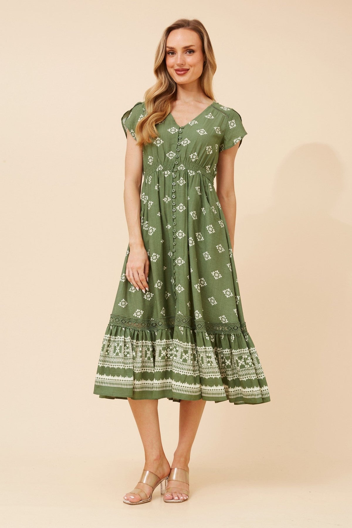 Caroline Morgan Australia MOROCCO BORDER PRINT MIDI DRESS (Sage)