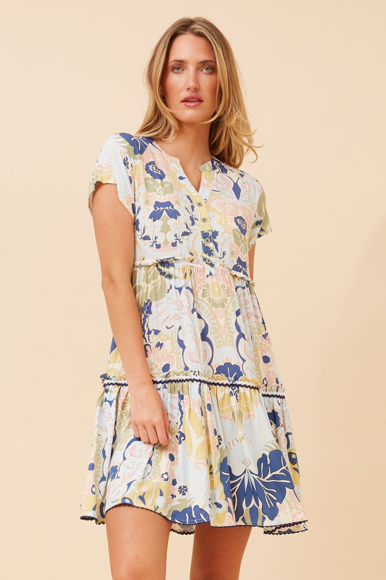 Image of Dresses. Product name - NERISA LEAF PRINT TIERED DRESS in Sage colour by brand - Caroline Morgan Australia