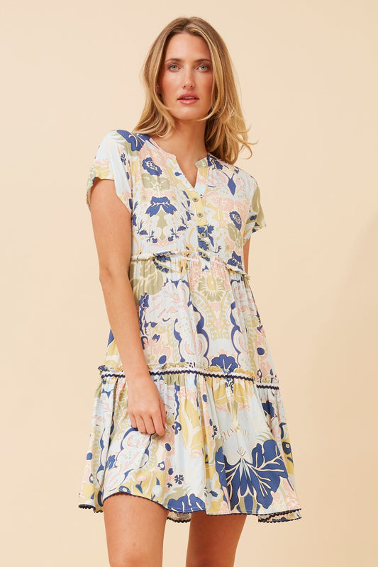 Image of Dresses. Product name - NERISA LEAF PRINT TIERED DRESS in Sage colour by brand - Caroline Morgan Australia