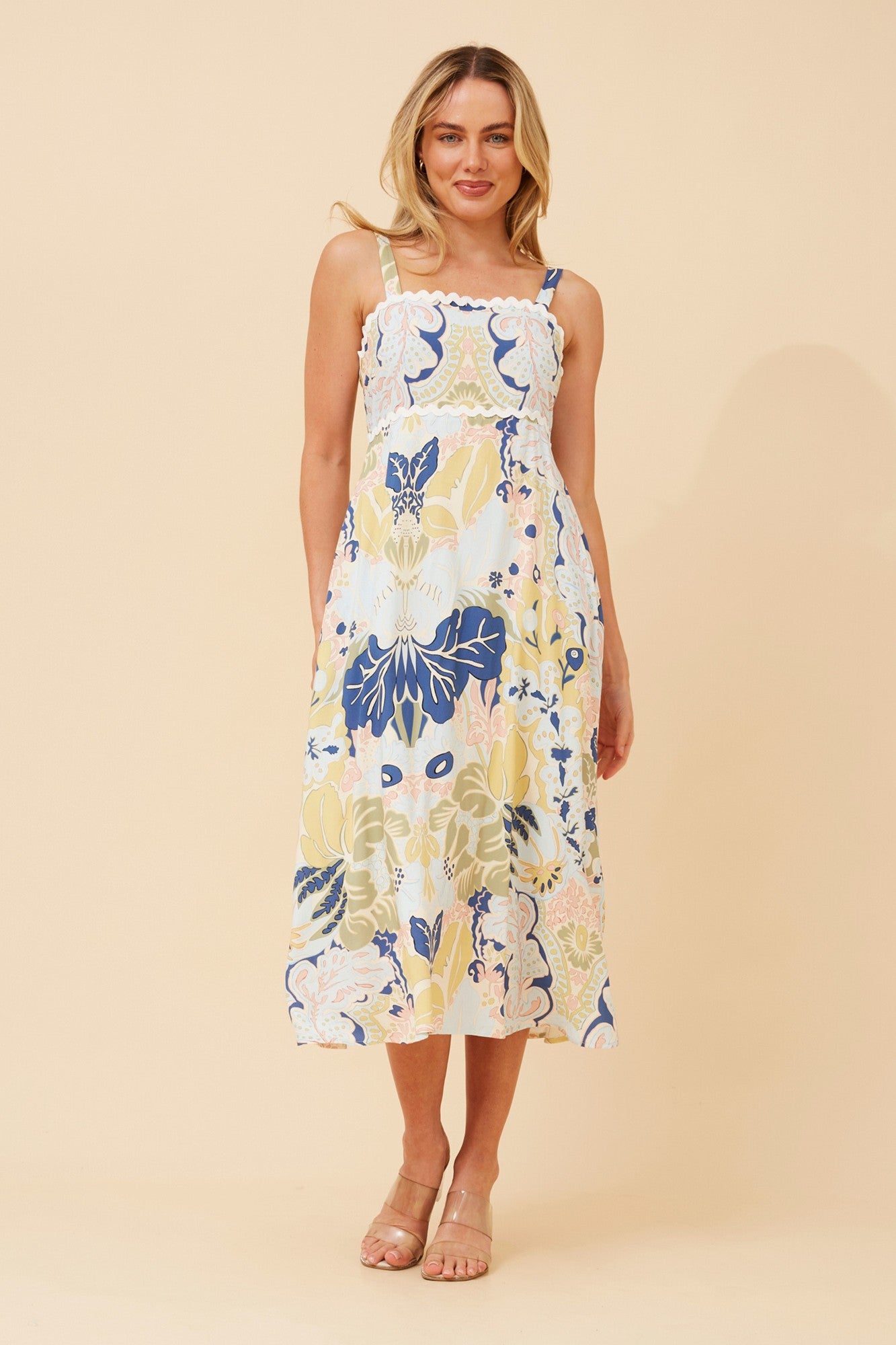 Image of Dresses. Product name - MAKENNA LEAF PRINT MIDI DRESS in Sage colour by brand - Caroline Morgan Australia