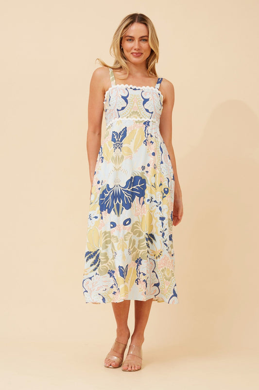 Image of Dresses. Product name - MAKENNA LEAF PRINT MIDI DRESS in Sage colour by brand - Caroline Morgan Australia