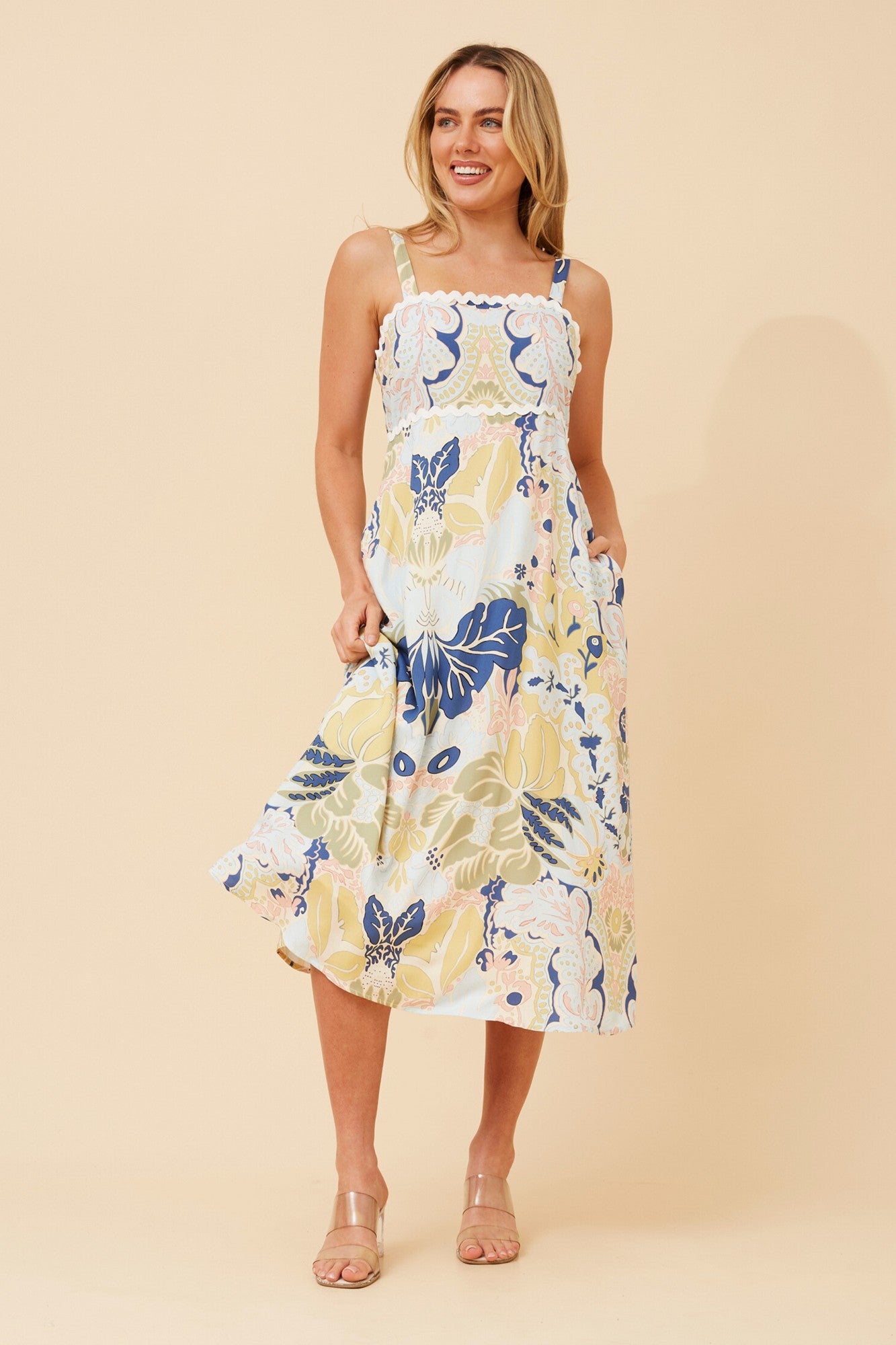 MAKENNA LEAF PRINT MIDI DRESS (Sage)