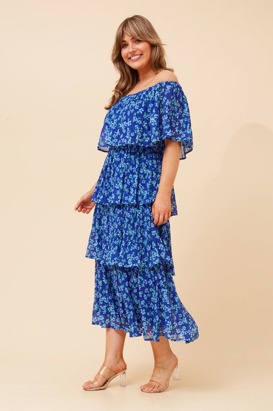 Image of Dresses. Product name - SAMARA FLORAL TIERED DRESS in Blue colour by brand - Caroline Morgan Australia