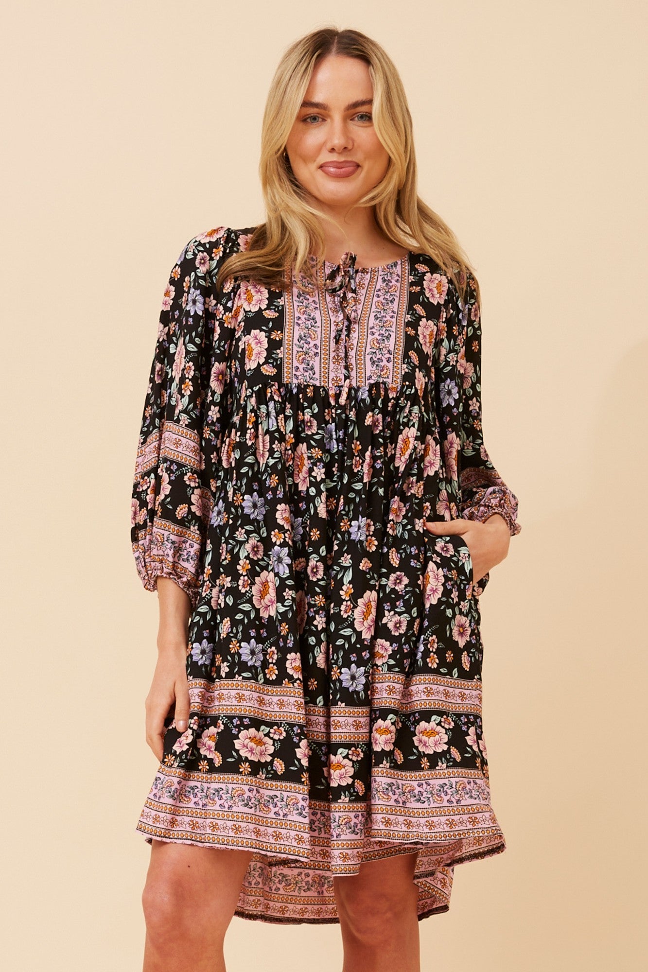 MOLLY FLORAL BABY DOLL DRESS (Multi Black)