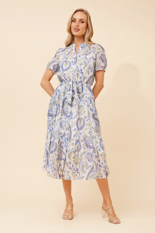 Image of Dresses. Product name - ANTIKA PAISLEY PRINT MIDI DRESS in Blue colour by brand - Caroline Morgan Australia