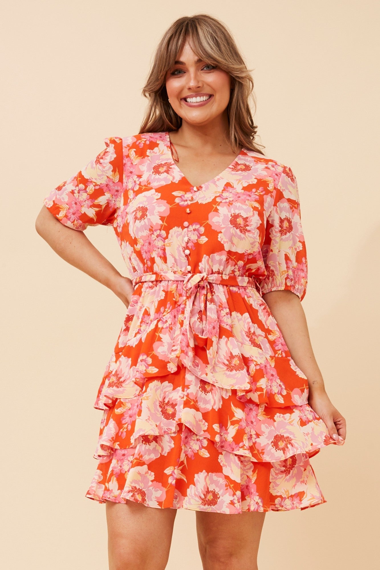 Image of Dresses. Product name - DAYANA FLORAL RUFFLE DRESS in Multi Red colour by brand - Caroline Morgan Australia