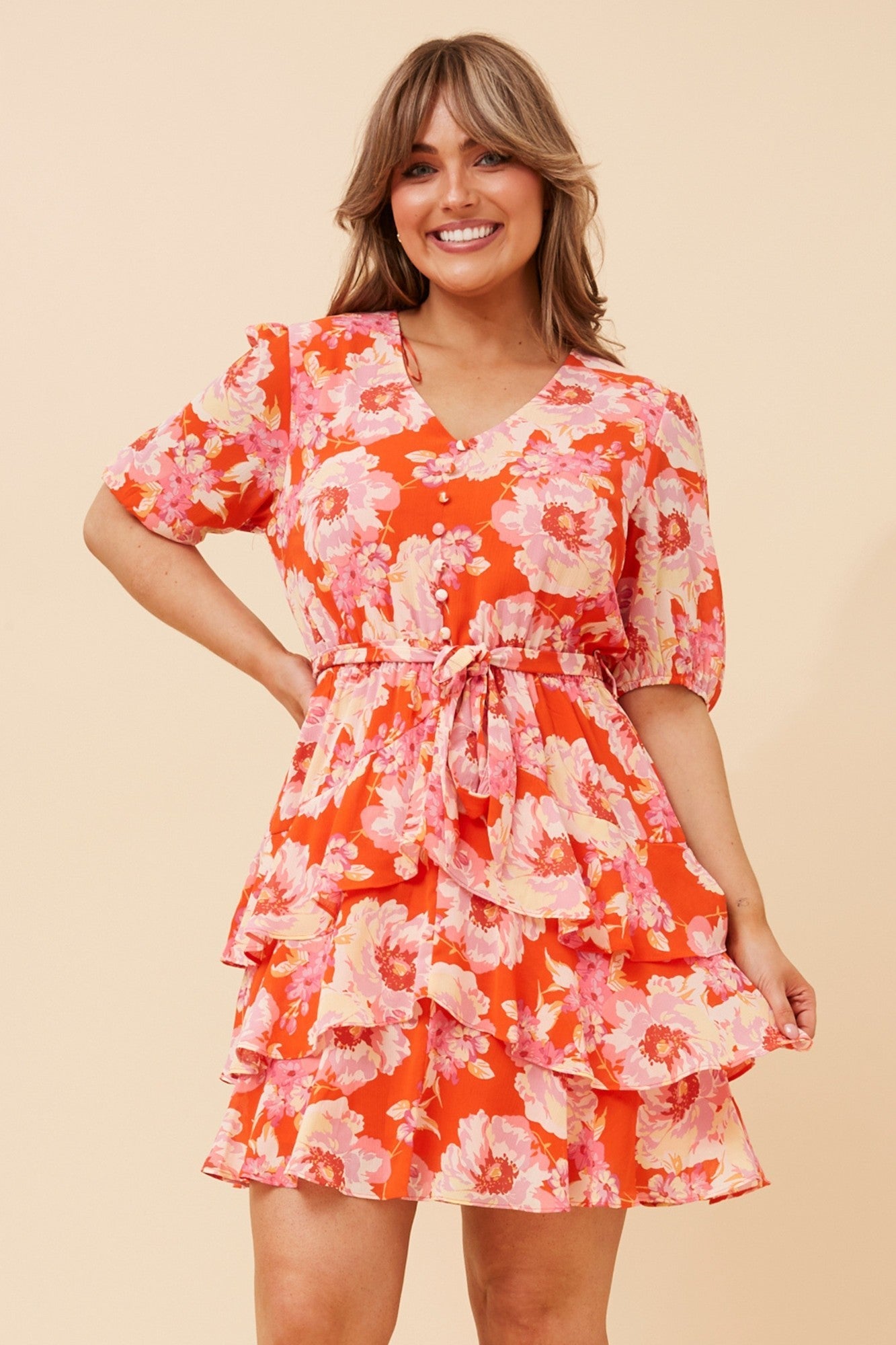DAYANA FLORAL RUFFLE DRESS (Multi Red)