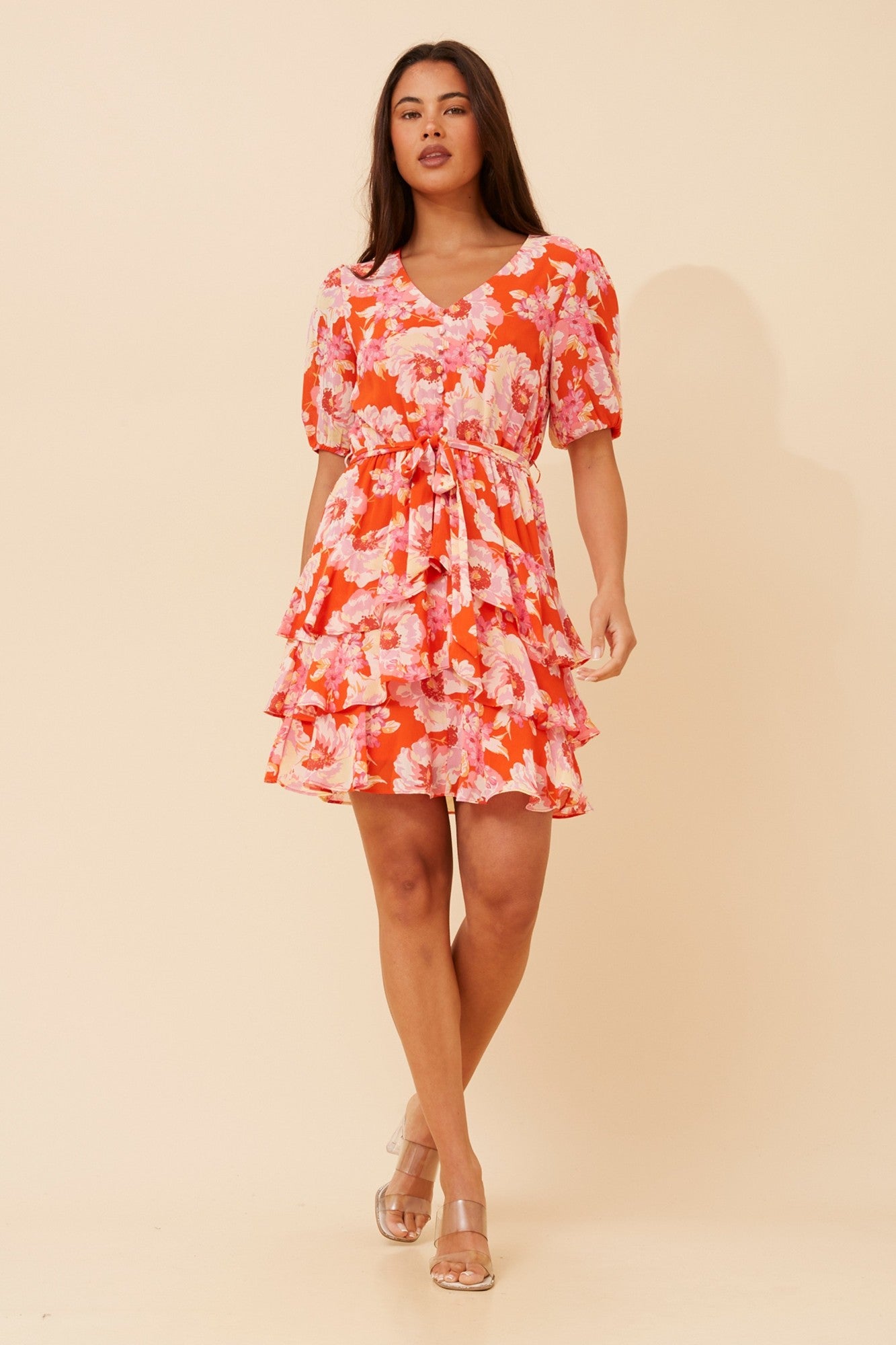 DAYANA FLORAL RUFFLE DRESS (Multi Red)
