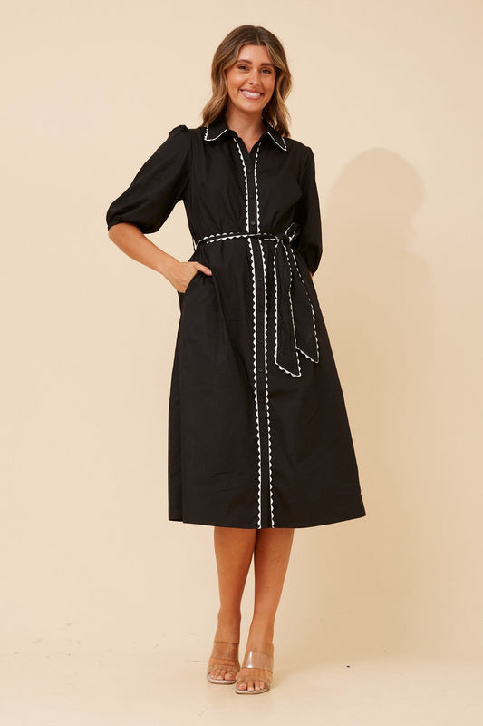 Image of Dresses. Product name - MAURA RIC RAC MIDI DRESS in Black colour by brand - Caroline Morgan Australia