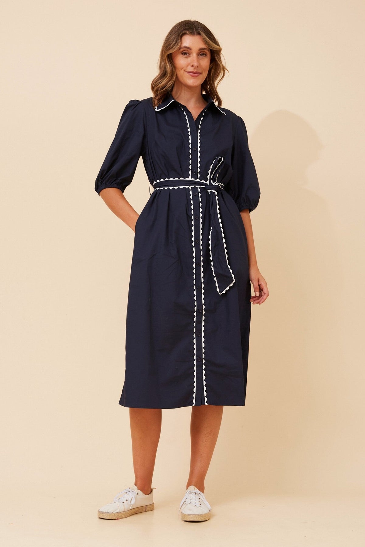 Image of Dresses. Product name - MAURA RIC RAC MIDI DRESS in Navy colour by brand - Caroline Morgan Australia