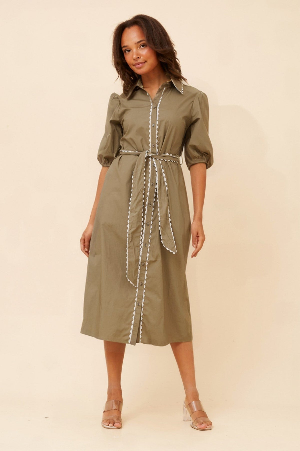 Image of Dresses. Product name - MAURA RIC RAC MIDI DRESS in Sage colour by brand - Caroline Morgan Australia