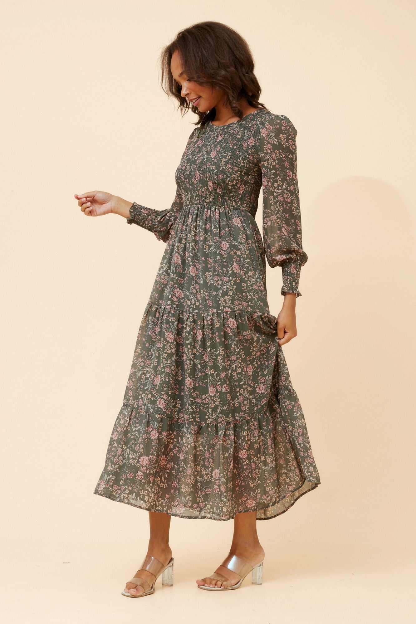 Image of Dresses. Product name - SHERRY FLORAL PRINT MAXI DRESS in Sage colour by brand - Caroline Morgan Australia