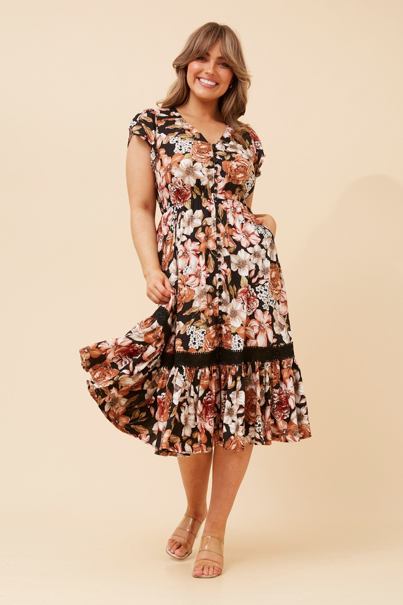 Image of Dresses. Product name - MOROCCO FLORAL MIDI DRESS in Multi Black colour by brand - Caroline Morgan Australia