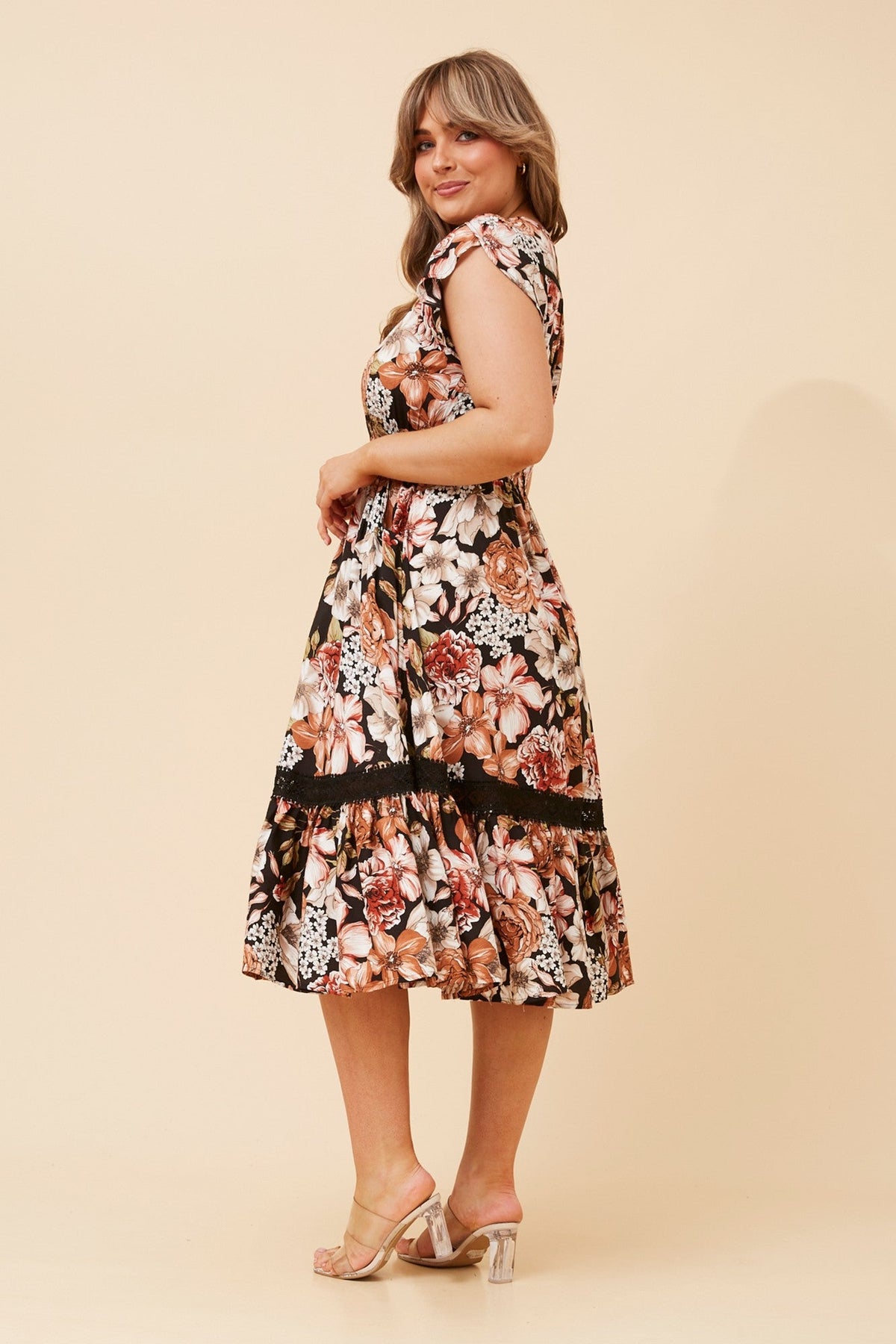 MOROCCO FLORAL MIDI DRESS (Multi Black)