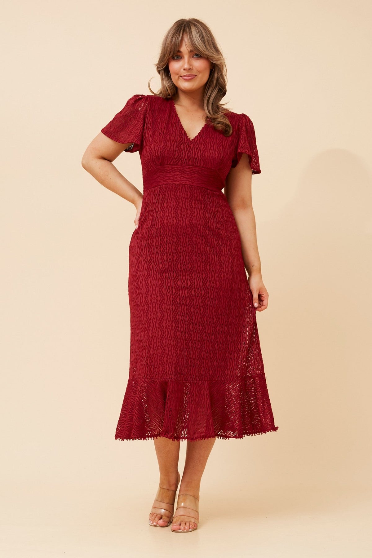 Image of Dresses. Product name - GODIVA LACE MIDI DRESS in Dusty Pink colour by brand - Caroline Morgan Australia