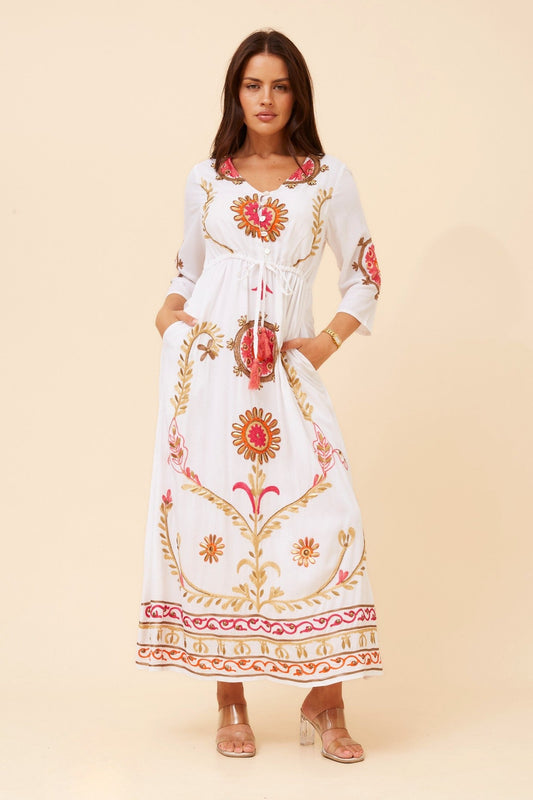 Image of Dresses. Product name - YATIKA BORDER PRINT MAXI DRESS in White colour by brand - MYSTIC MONSOON