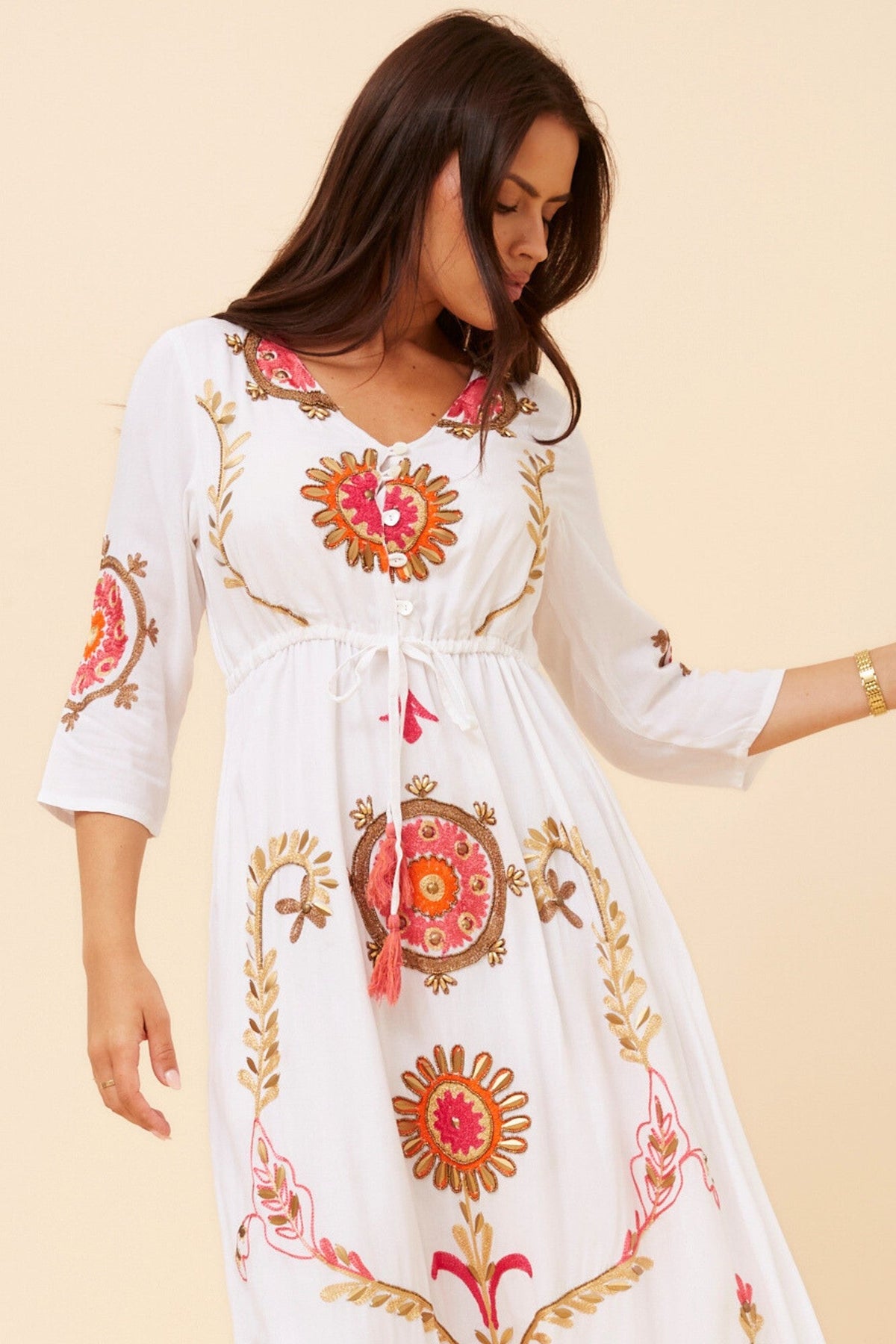 YATIKA BORDER PRINT MAXI DRESS (White)