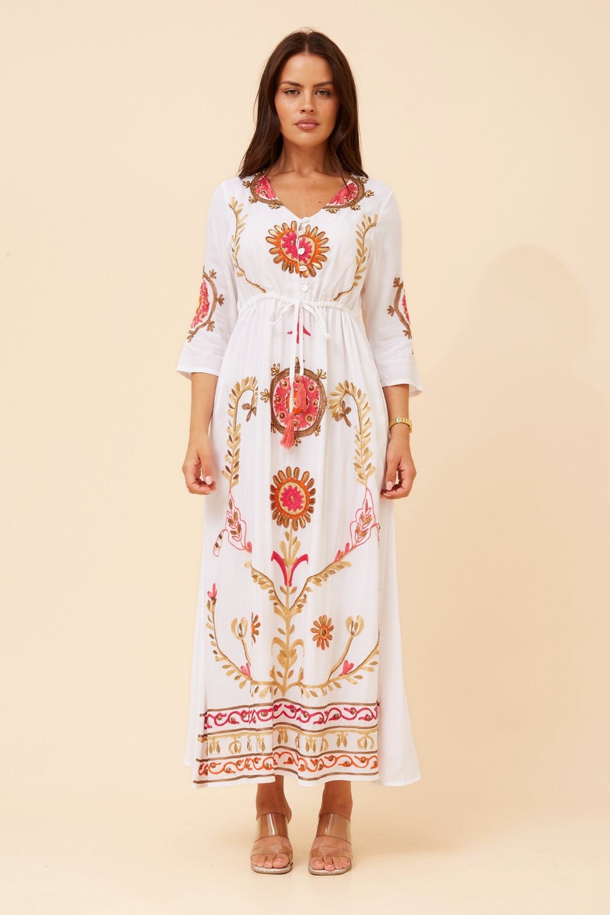 YATIKA BORDER PRINT MAXI DRESS (White)