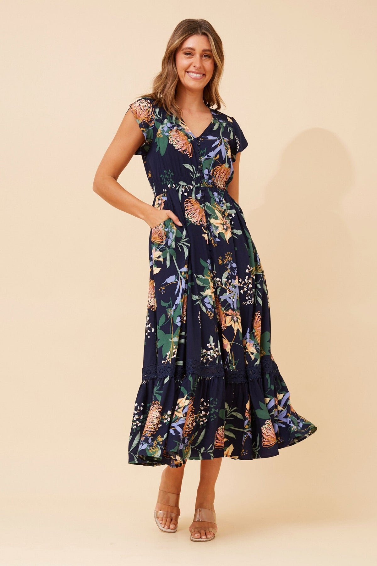 Image of Dresses. Product name - MOROCCO FLORAL MAXI DRESS in Navy colour by brand - Caroline Morgan Australia