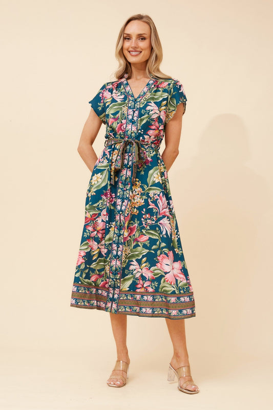 Image of Dresses. Product name - HARLAN FLORAL MIDI DRESS in Green colour by brand - Caroline Morgan Australia