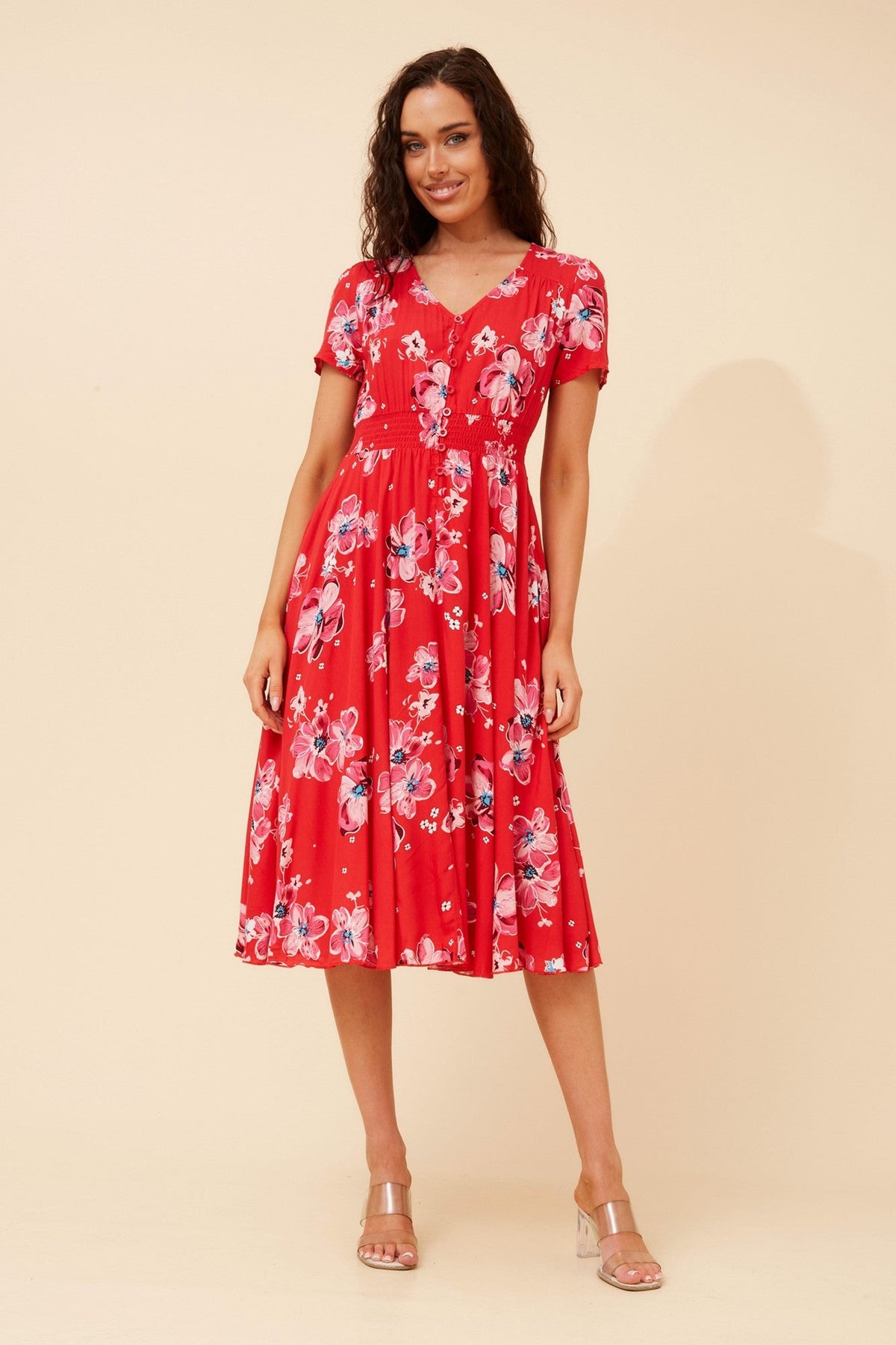 Image of Dresses. Product name - KEGAN FLORAL MIDI DRESS in Red colour by brand - Caroline Morgan Australia