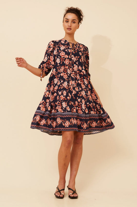 Image of Dresses. Product name - JAVANA FLORAL PRINT DRESS in Navy colour by brand - Caroline Morgan Australia