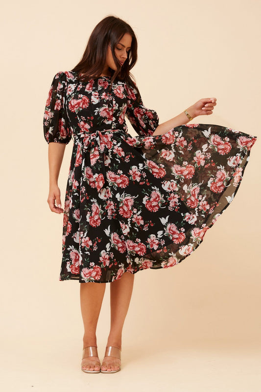 Image of Dresses. Product name - VI FLORAL MIDI DRESS in Multi Black colour by brand - Caroline Morgan Australia