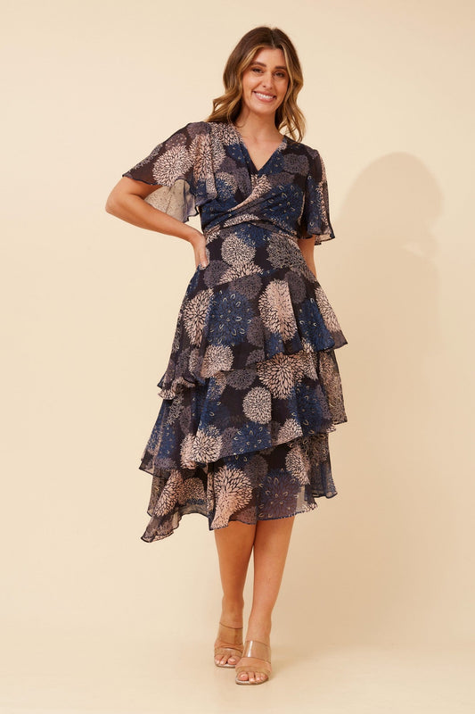 Image of Dresses. Product name - WINDSOR FLORAL MIDI DRESS in Navy colour by brand - Caroline Morgan Australia