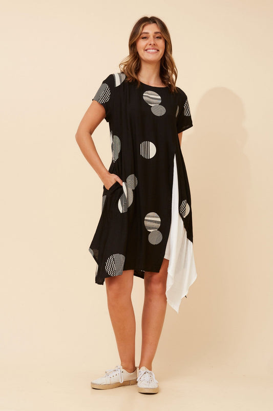 Image of Dresses. Product name - SUSANNA POLKA DOT PRINT DRESS in Black colour by brand - Caroline Morgan Australia