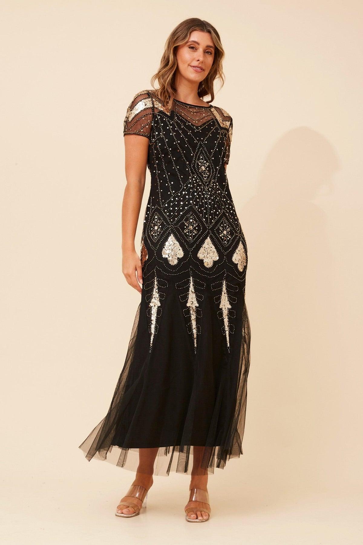 Image of Dresses. Product name - EVELINA SEQUIN MAXI DRESS in Black colour by brand - Caroline Morgan Australia