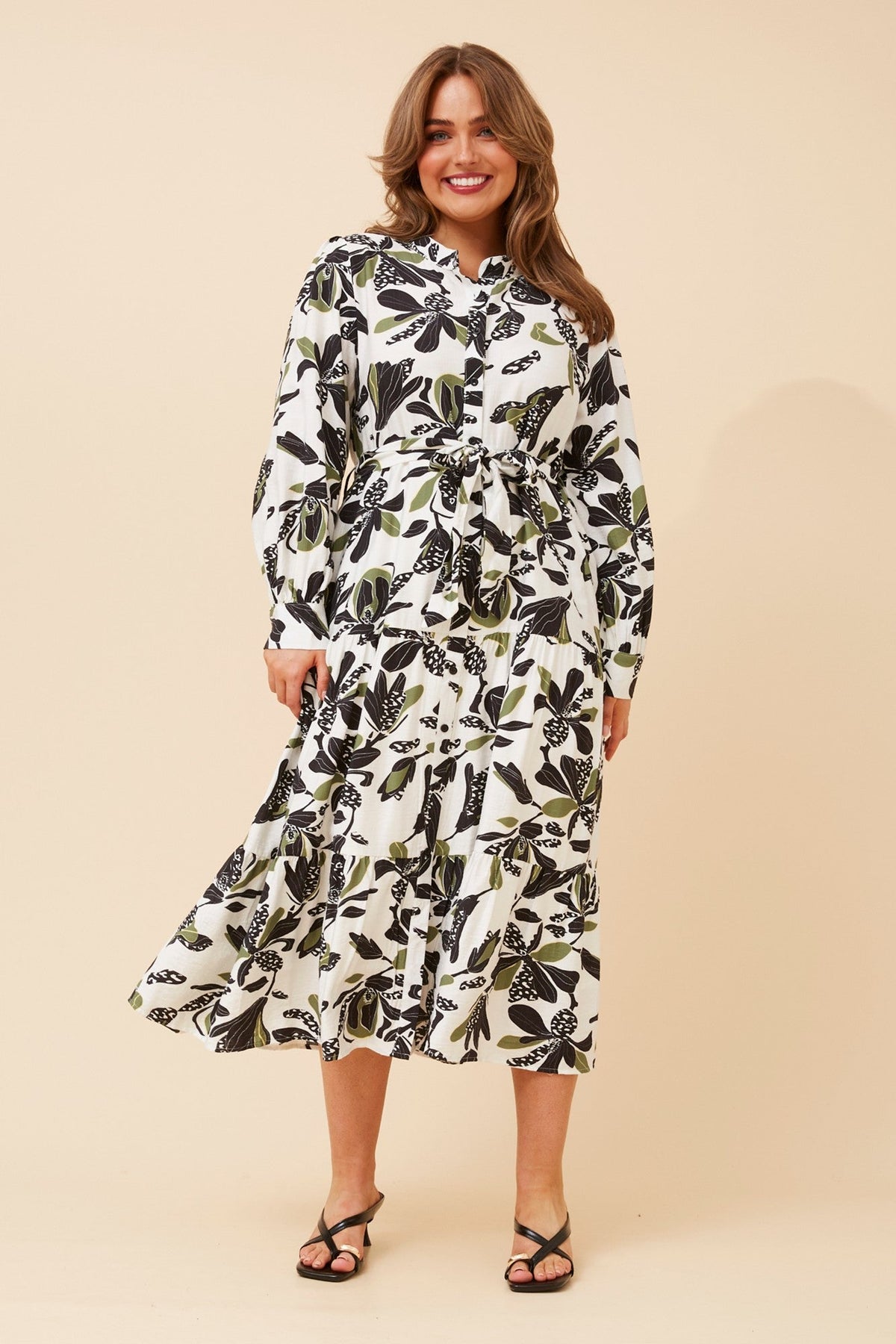 Image of Dresses. Product name - KYMANI LEAF PRINT MIDI DRESS in Multi Green colour by brand - Caroline Morgan Australia