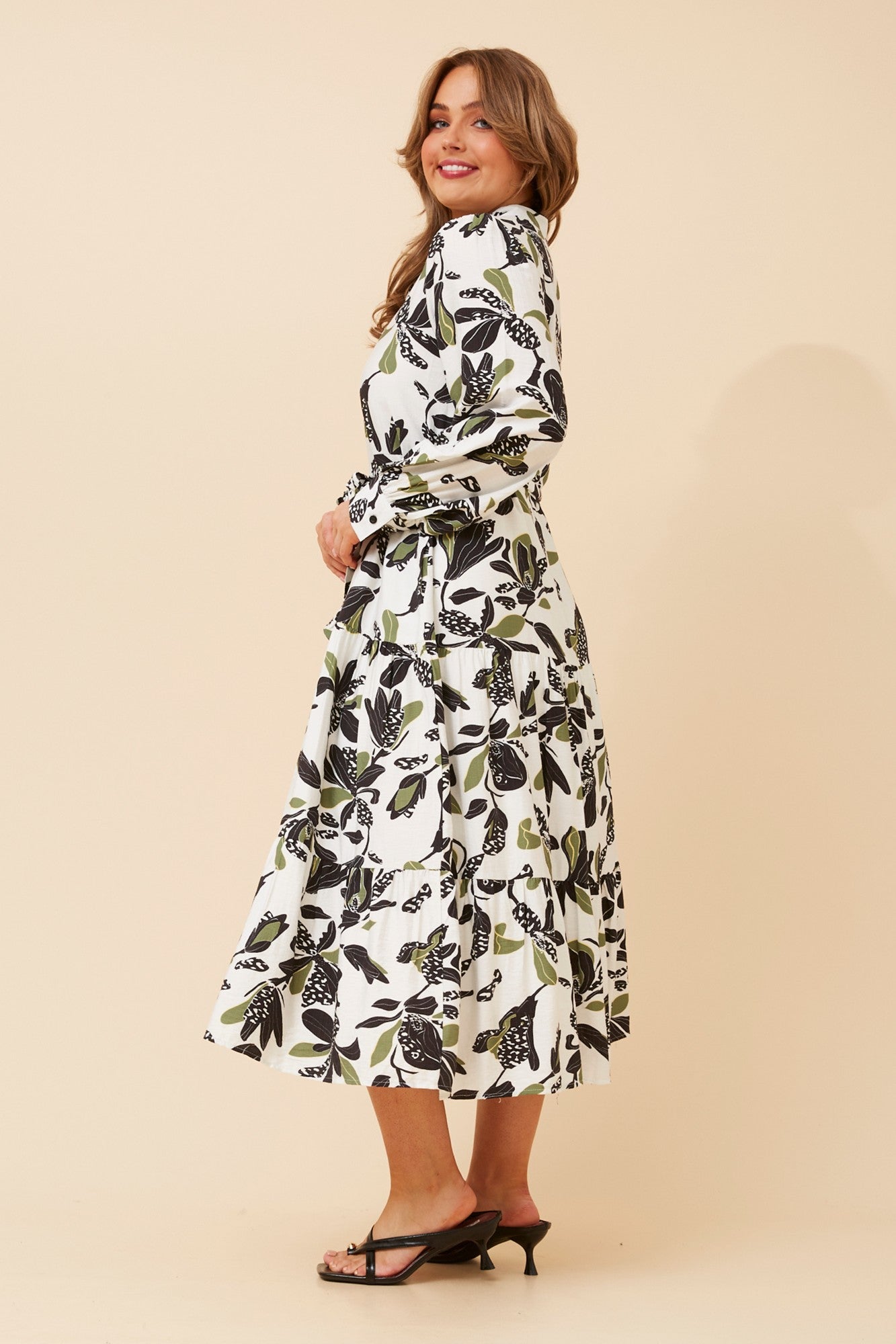 KYMANI LEAF PRINT MIDI DRESS (Multi Green)