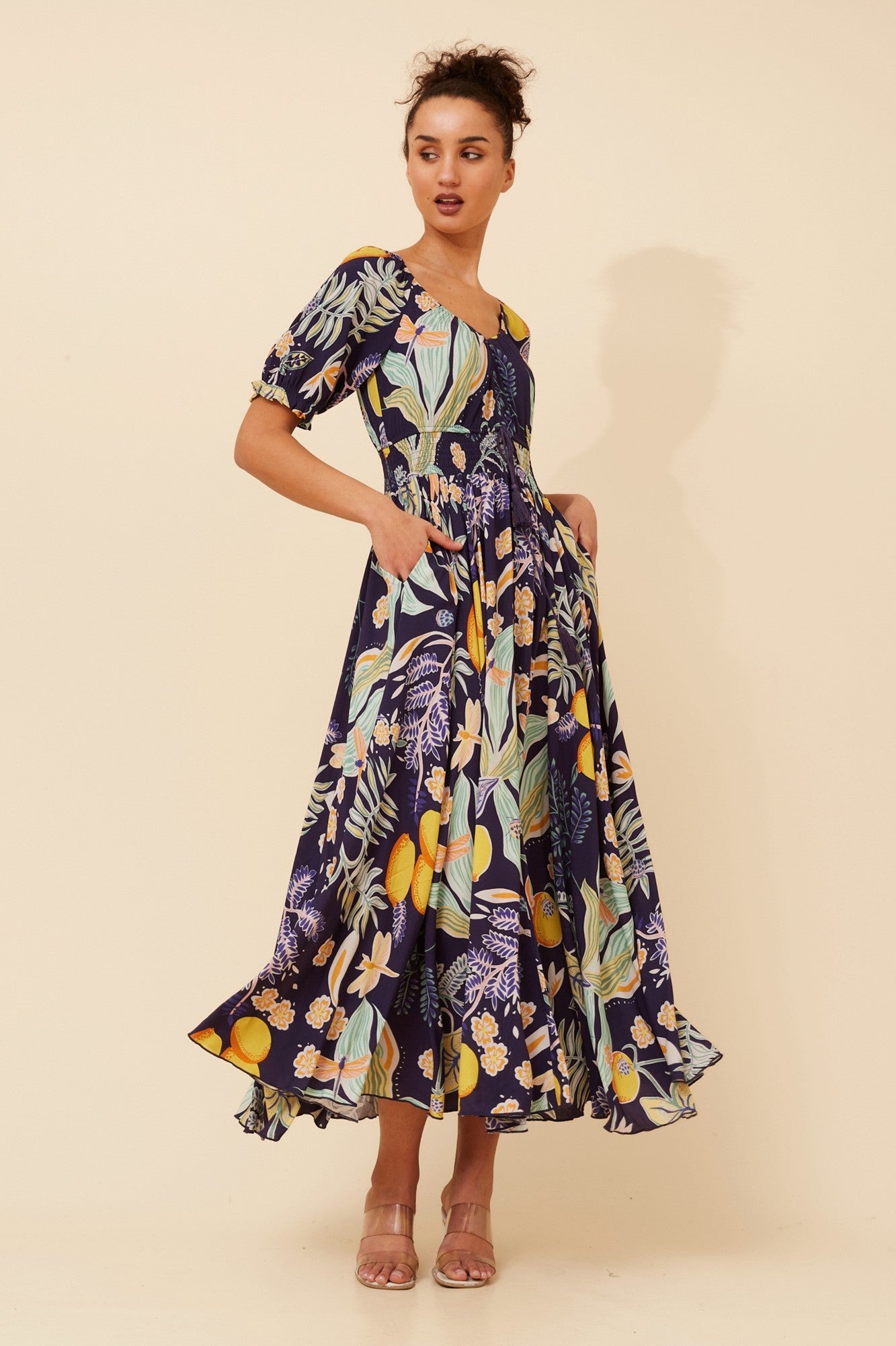 Image of Dresses. Product name - DAISY LEMON PRINT MAXI DRESS in Navy colour by brand - Caroline Morgan Australia