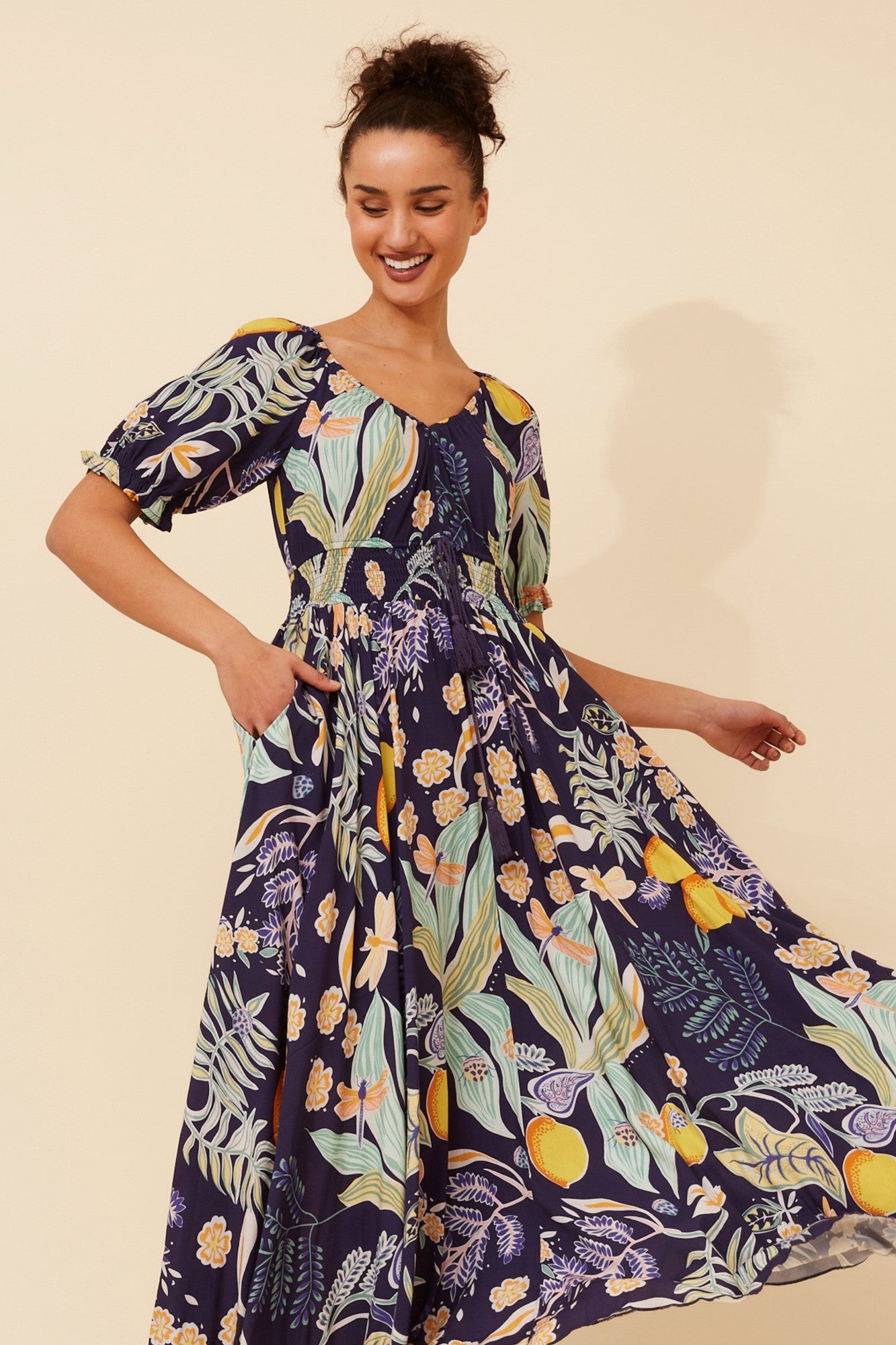 DAISY LEMON PRINT MAXI DRESS (Navy)