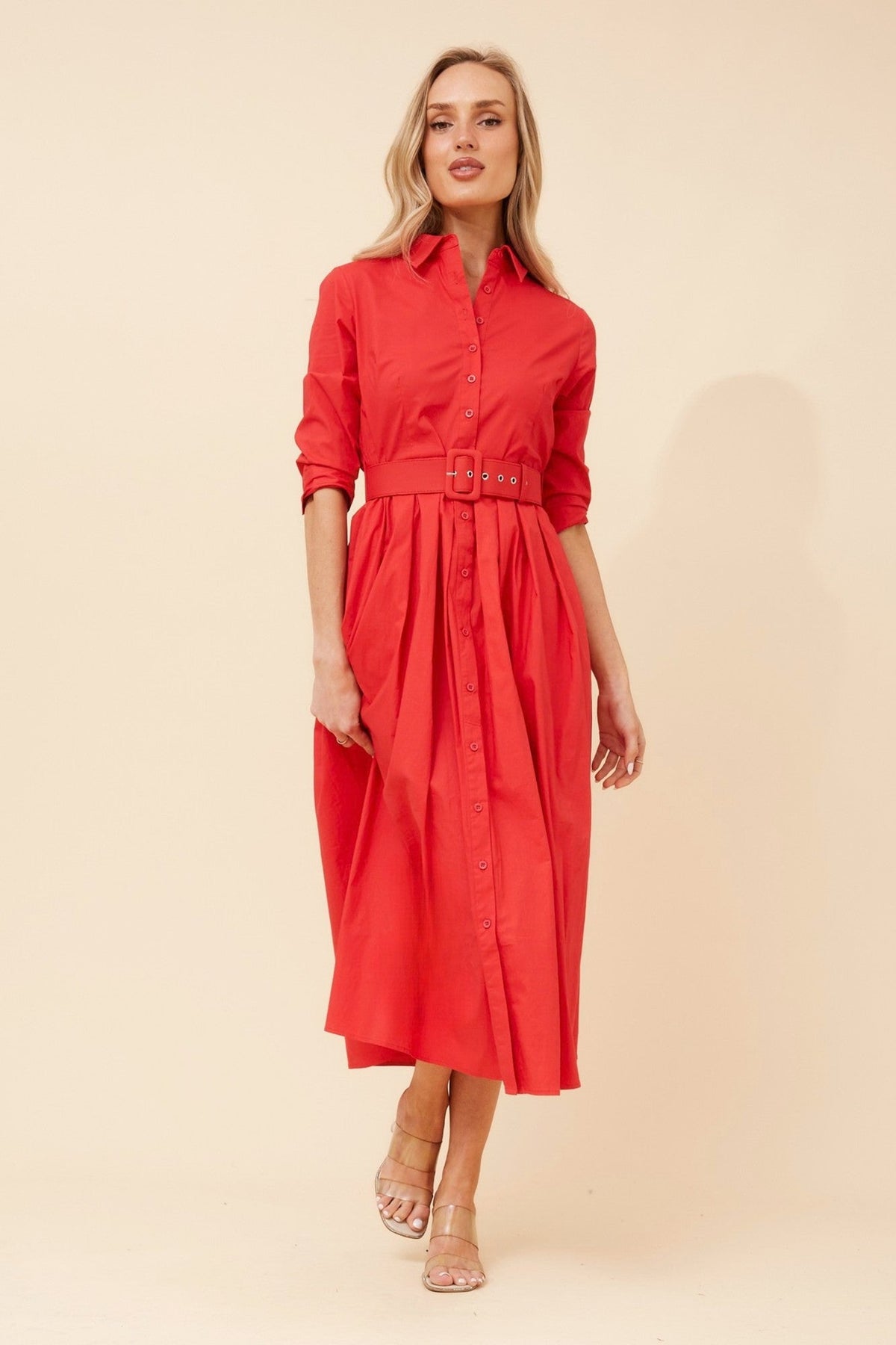 Caroline Morgan Australia MAHOLA SHIRT MIDI DRESS (Red)
