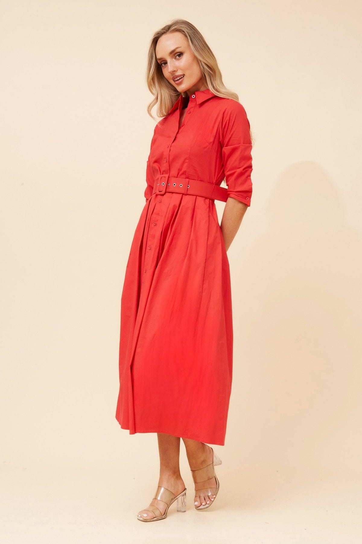 Caroline Morgan Australia MAHOLA SHIRT MIDI DRESS (Red)