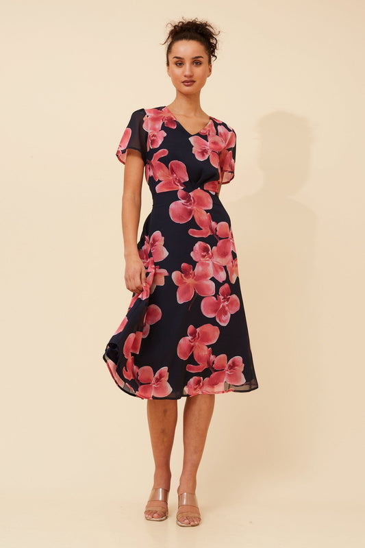 Image of Dresses. Product name - ALONA FLORAL MIDI DRESS in Navy colour by brand - Caroline Morgan Australia